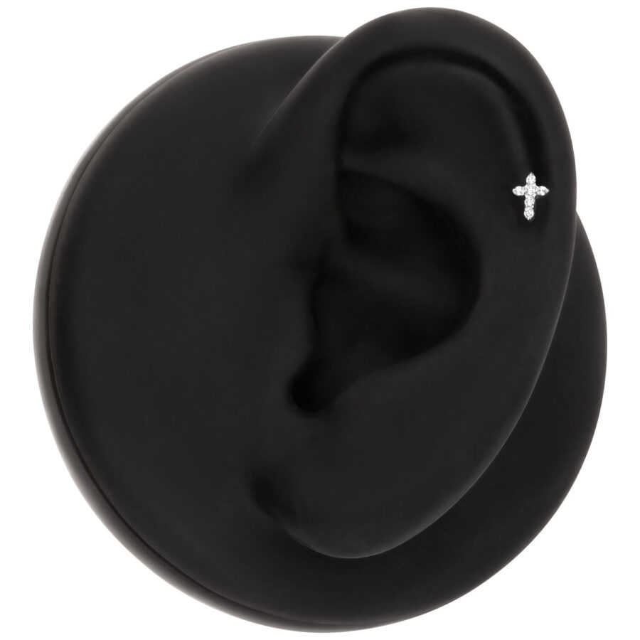 Adorno de cruz de cristal plateado en modelo de oreja negra