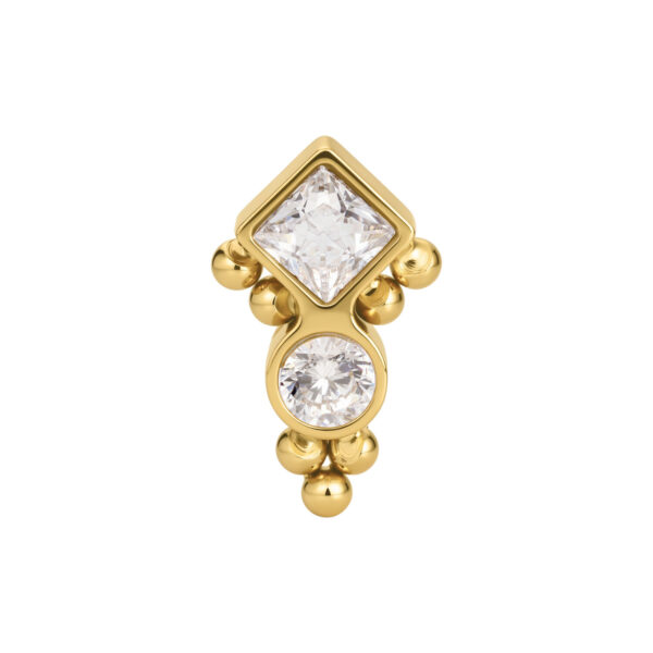 Accesorio de piercing dorado con cristal cuadrado y redondo claro sobre fondo blanco