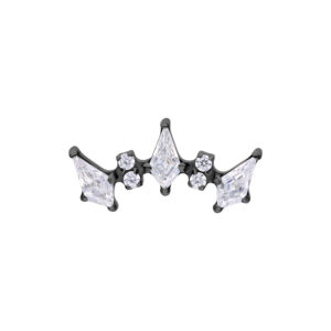 Accesorio de piercing negro con cristales claros en forma de arco sobre fondo blanco