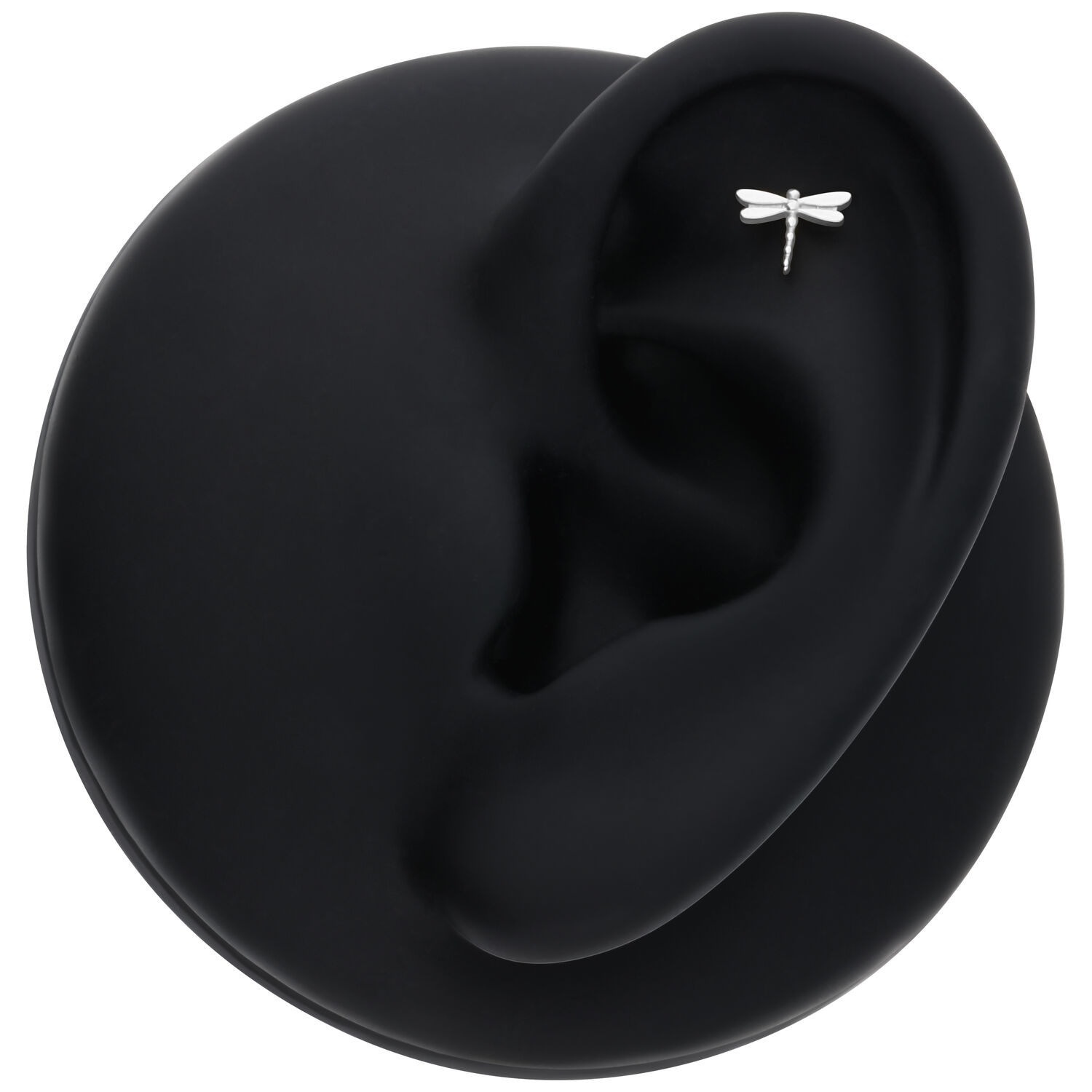 Aro de Piercing Libélula de Oro Blanco Modelo de oreja negra con accesorio de libélula en oro blanco