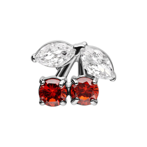 Adorno de piercing plateado en forma de cereza con piedras rojas y claras