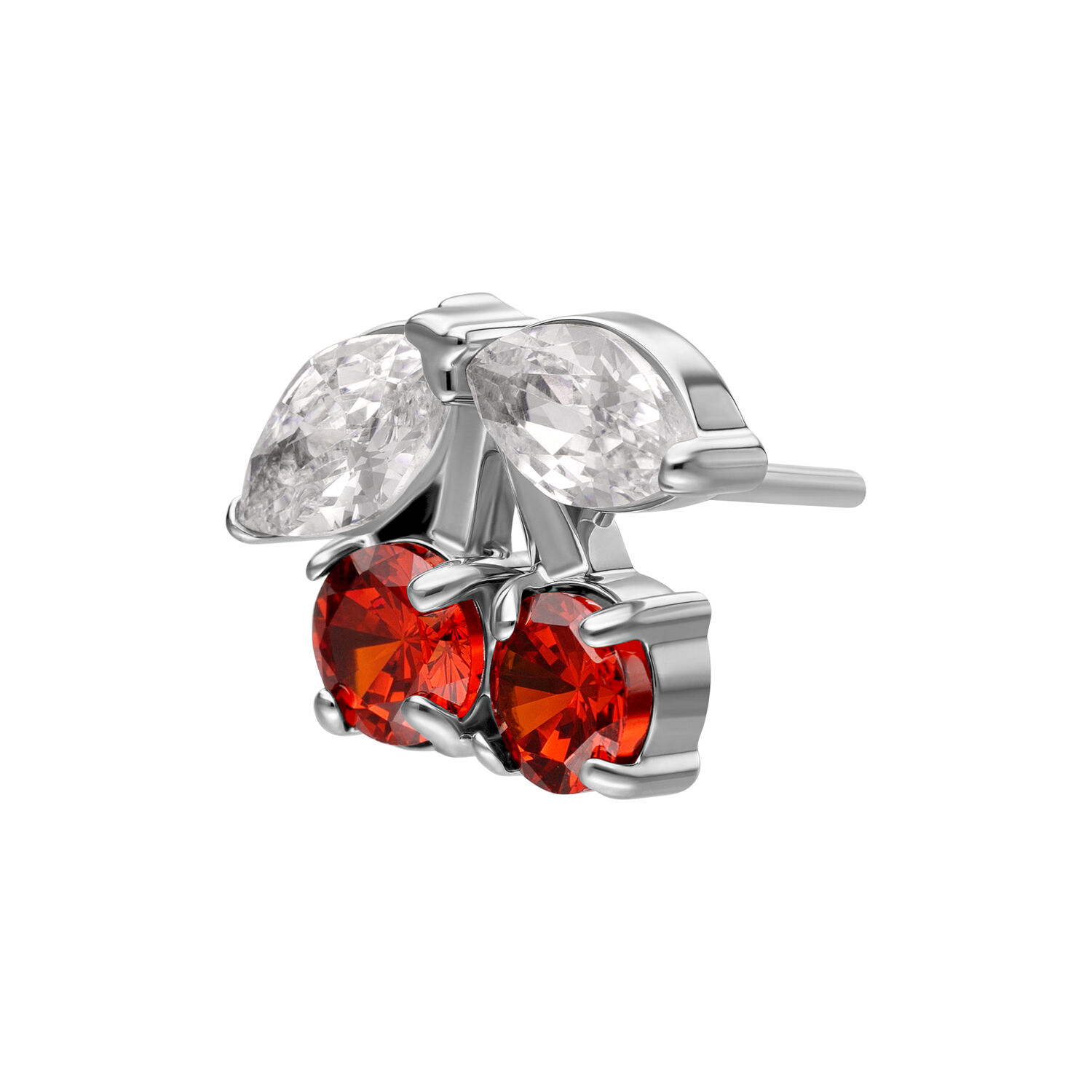 Plata Cherry Top con Piedras Rojas Plata Cherry Top con dos circonitas rojas y piedras claras sobre fondo blanco