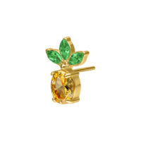 Ajuste Push de Piña Dorada Ajuste dorado en forma de piña con piedra amarilla y hojas verdes sobre fondo blanco