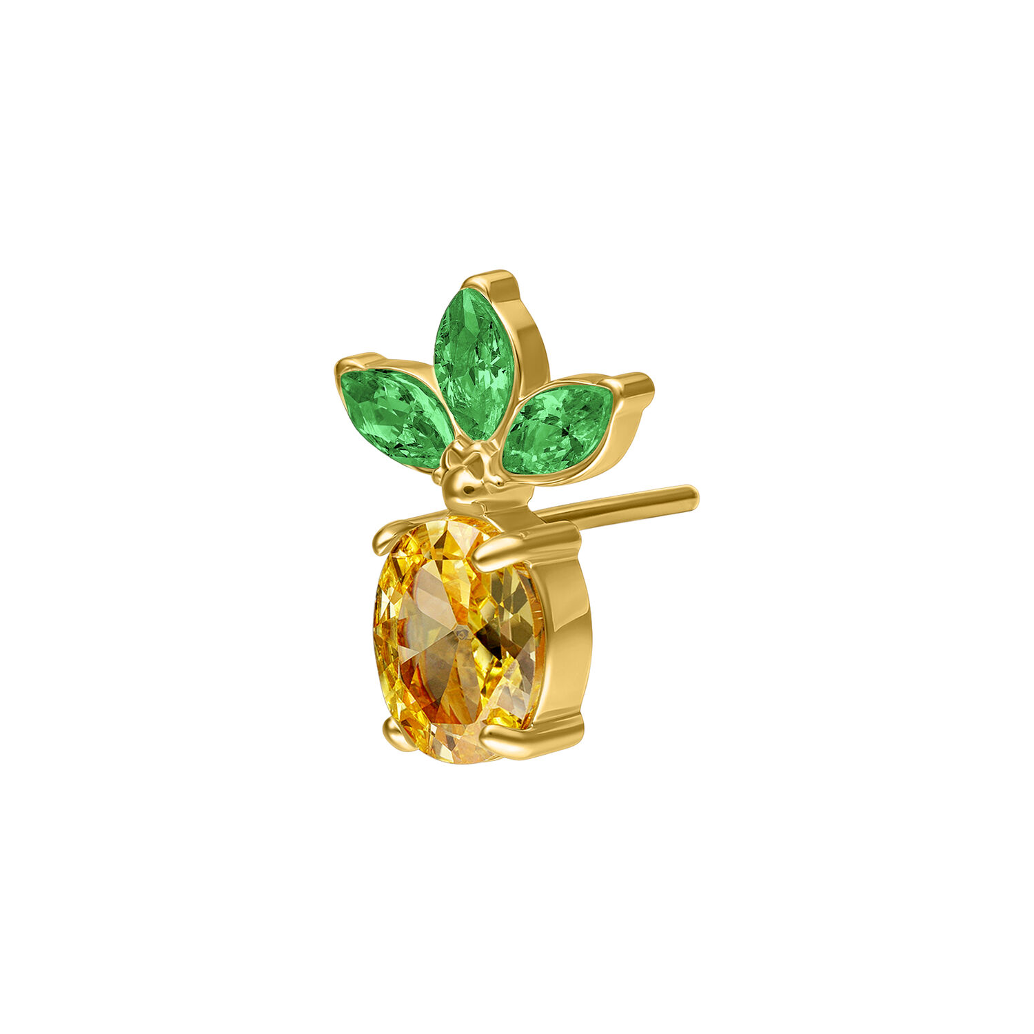 Ajuste Push de Piña Dorada Ajuste dorado en forma de piña con piedra amarilla y hojas verdes sobre fondo blanco