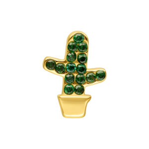 Aplique de cactus dorado para piercing con piedras verdes sobre fondo blanco
