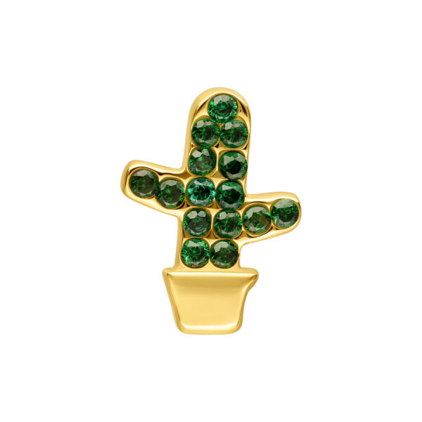 Aplique de cactus dorado para piercing con piedras verdes sobre fondo blanco