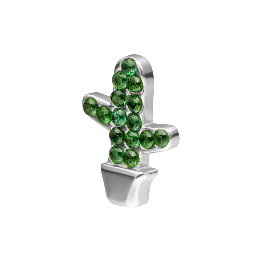 Accesorio de cactus plateado para piercings con piedras verdes sobre fondo blanco