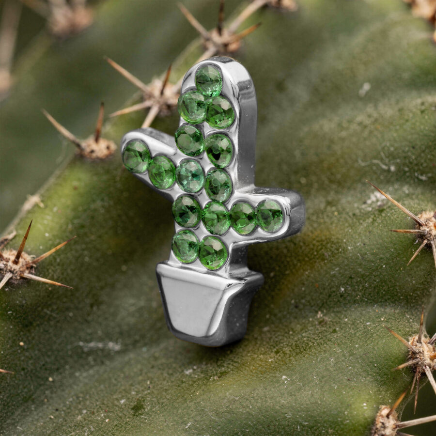 Accesorio de cactus plateado con piedras verdes colocado en un cactus