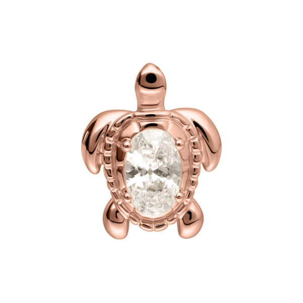 Accesorio de tortuga en oro rosa con piedra ovalada, sobre fondo blanco