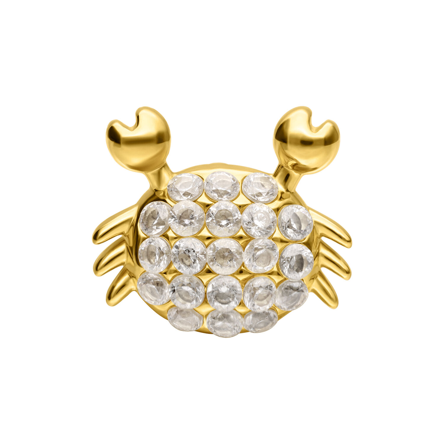 Accesorio de cangrejo dorado con cristales claros sobre fondo blanco
