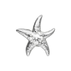 Accesorio de estrella de mar plateada con piedra brillante en el centro, sobre fondo blanco