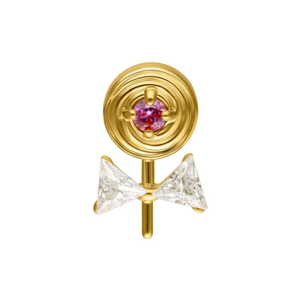 Accesorio de piercing Lollipop dorado con piedra rosa y dos circonitas claras, sobre fondo blanco