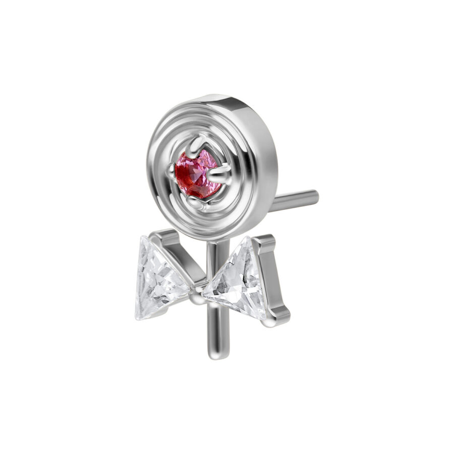 Accesorio Push Fit Lollipop plateado con cristal rojo y claro sobre fondo blanco
