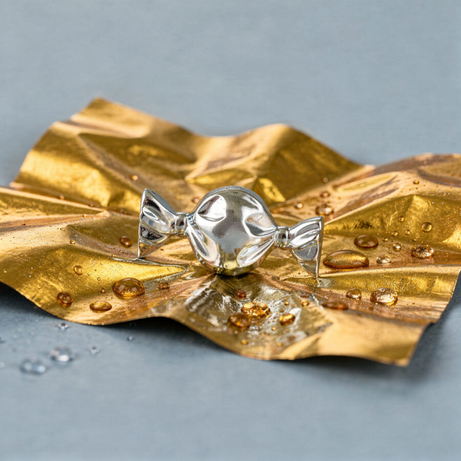 Accesorio de piercing en forma de caramelo plateado sobre papel dorado con gotas de agua