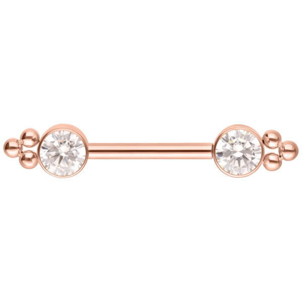 Barbell de oro rosa con dos extremos de circonita y acentos de bolas, sobre fondo blanco