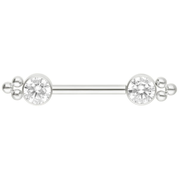 Barbell de oro blanco con dos circonitas redondas en los extremos, sobre fondo blanco
