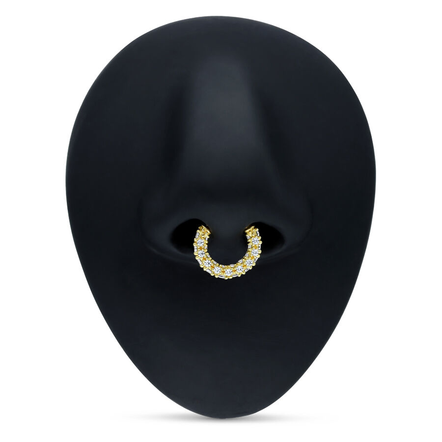 18K Oro Septum Clicker con Cristales Clicker de Septum Dorado con cristales claros sobre fondo negro