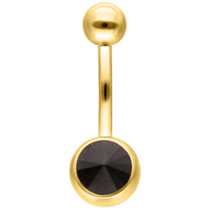 Banana Bell dorado para ombligo con cristal negro sobre fondo blanco