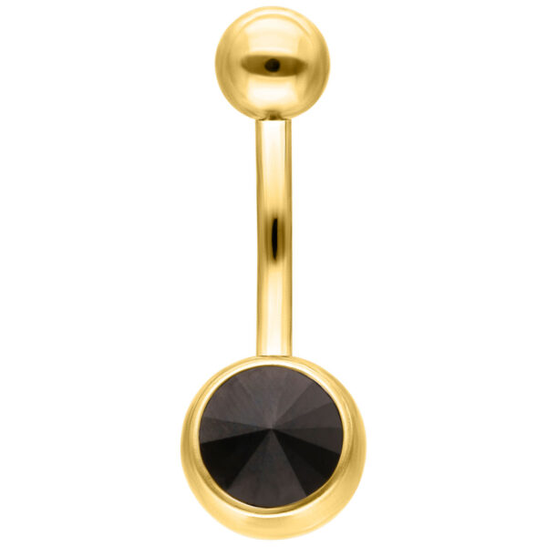 Banana Bell dorado para ombligo con cristal negro sobre fondo blanco