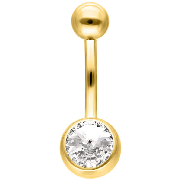 Piercing dorado para ombligo con cristal claro sobre fondo blanco