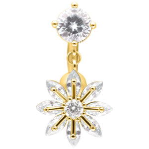 Piercing de ombligo dorado con colgante de flores brillantes y cristales sobre fondo blanco