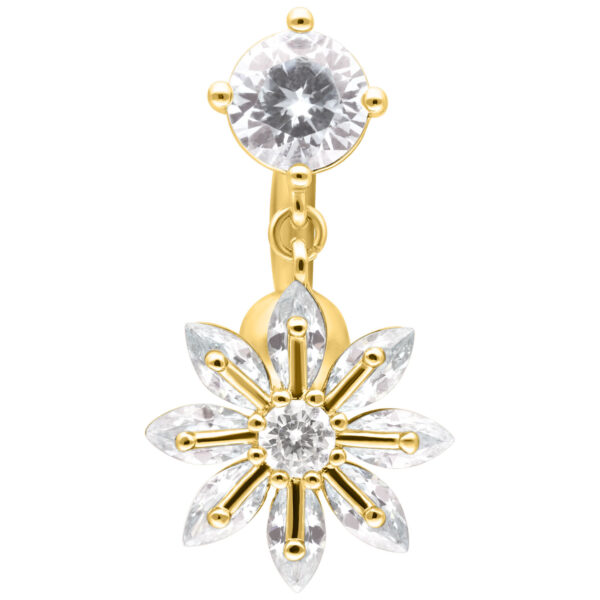 Piercing de ombligo dorado con colgante de flores brillantes y cristales sobre fondo blanco