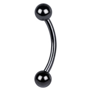 Piercing Bananabell negro de titanio con dos bolas sobre fondo blanco