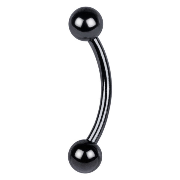 Piercing Bananabell negro de titanio con dos bolas sobre fondo blanco
