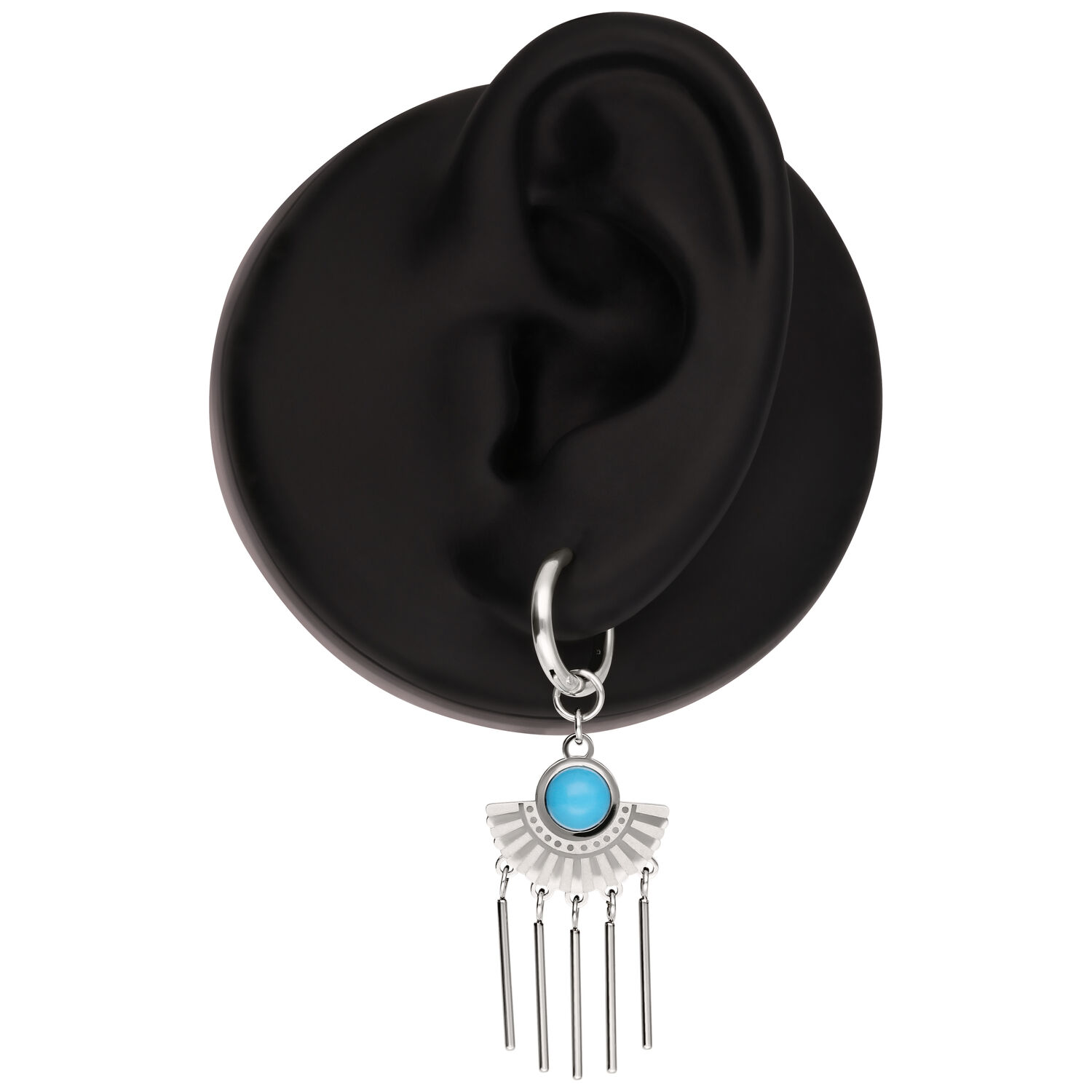 Aros de plata con turquesa y colgantes Aro de plata con piedra turquesa y barras colgantes en un modelo de oreja negra