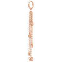 Cadena de oreja de oro rosa con múltiples cadenas y pequeños colgantes, fijada con un cierre de clip, sobre fondo blanco