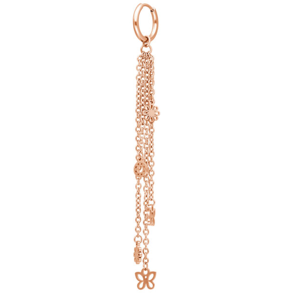 Cadena de oreja de oro rosa con múltiples cadenas y pequeños colgantes, fijada con un cierre de clip, sobre fondo blanco