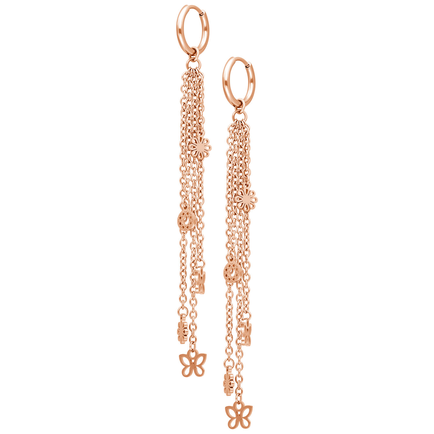Pendientes largos de acero inoxidable en oro rosa con varias cadenas y colgantes de flores sobre fondo blanco
