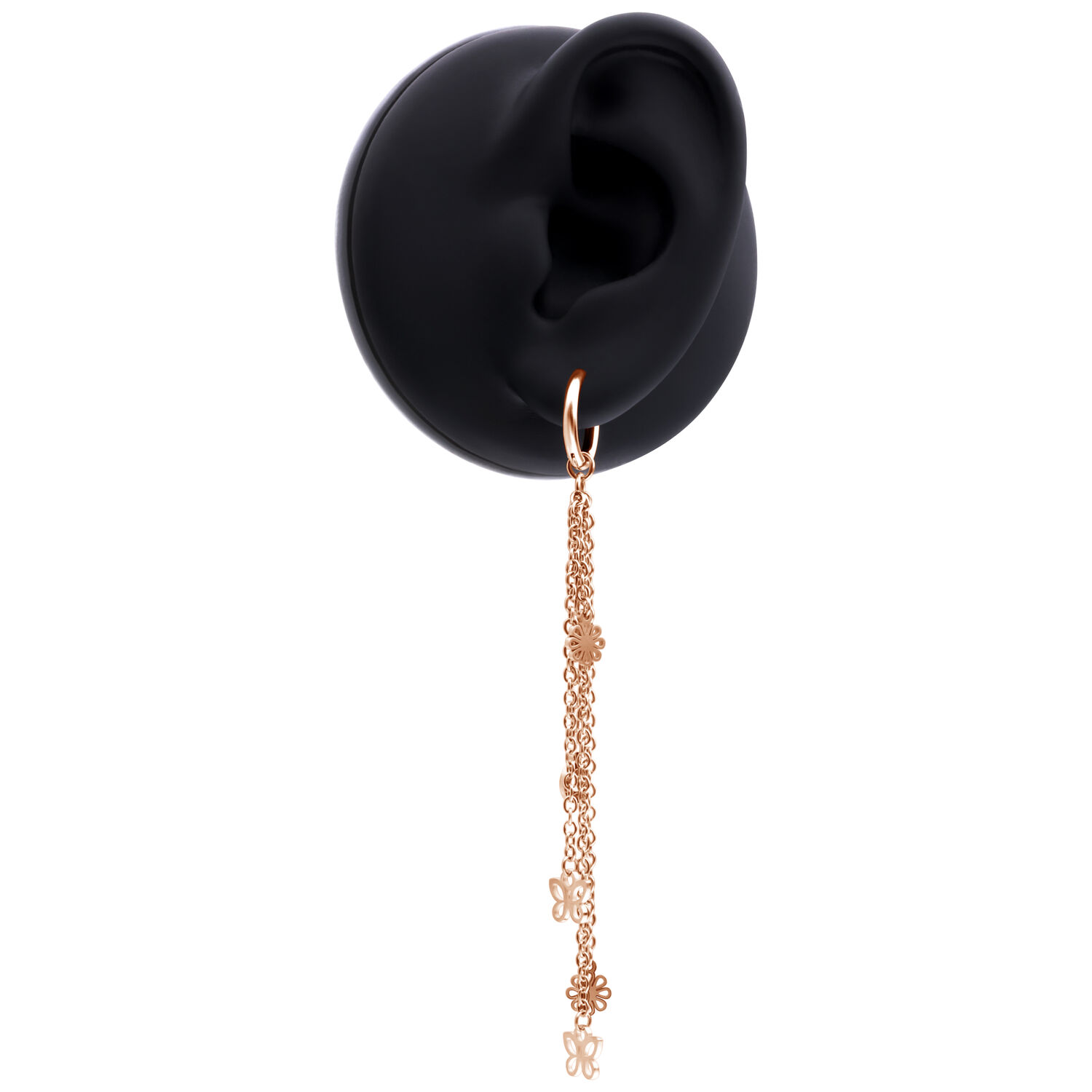 Pendiente de oro rosa con largos colgantes de cadena en un modelo de oreja negra