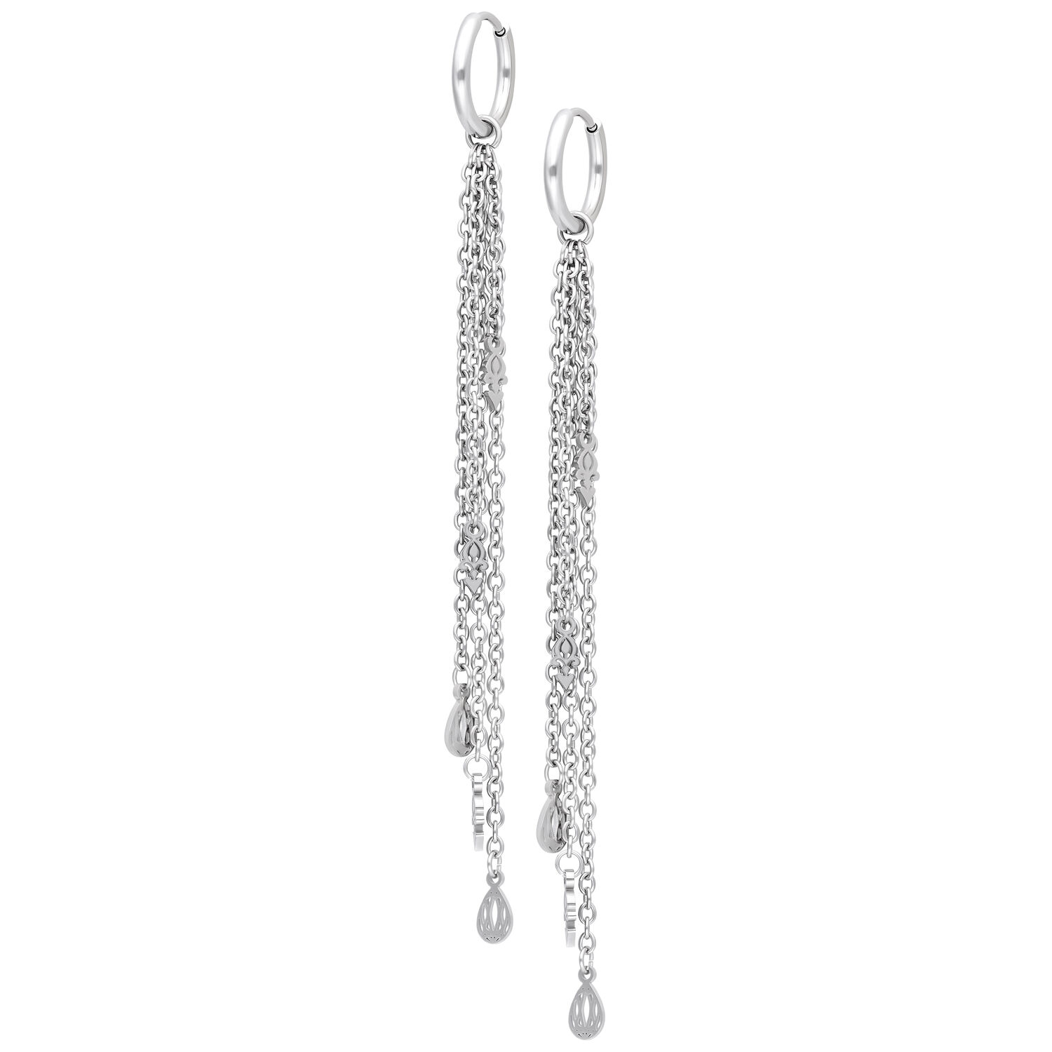 Pendientes de gota plateados con cadenas Pendientes largos plateados con colgantes de gota y cadenas sobre fondo blanco