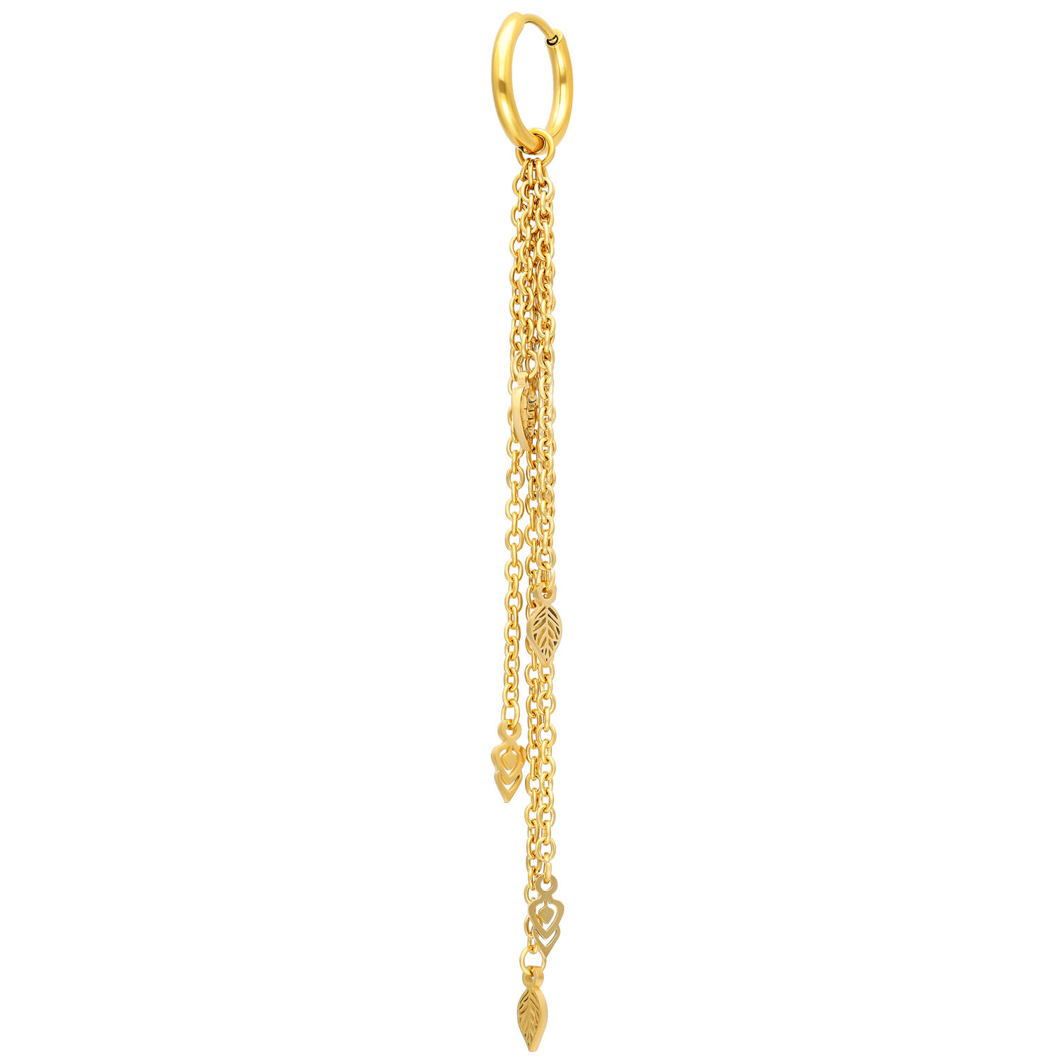 Pendientes dorados con cadenas largas Pendientes dorados con cadenas largas y colgantes de hojas sobre fondo blanco