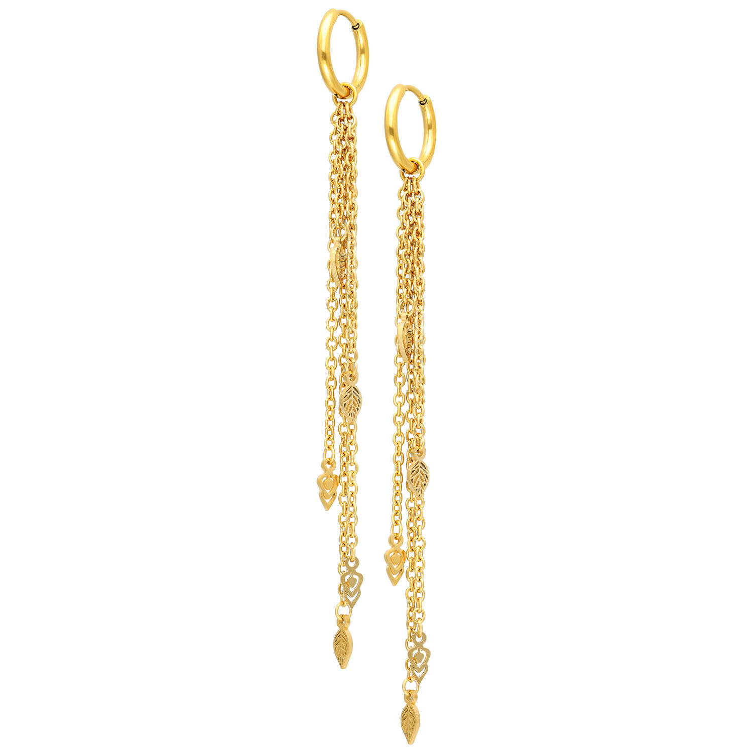 Pendientes dorados con largos colgantes de cadena Pendientes dorados con largos y finos colgantes de cadena, sobre fondo blanco