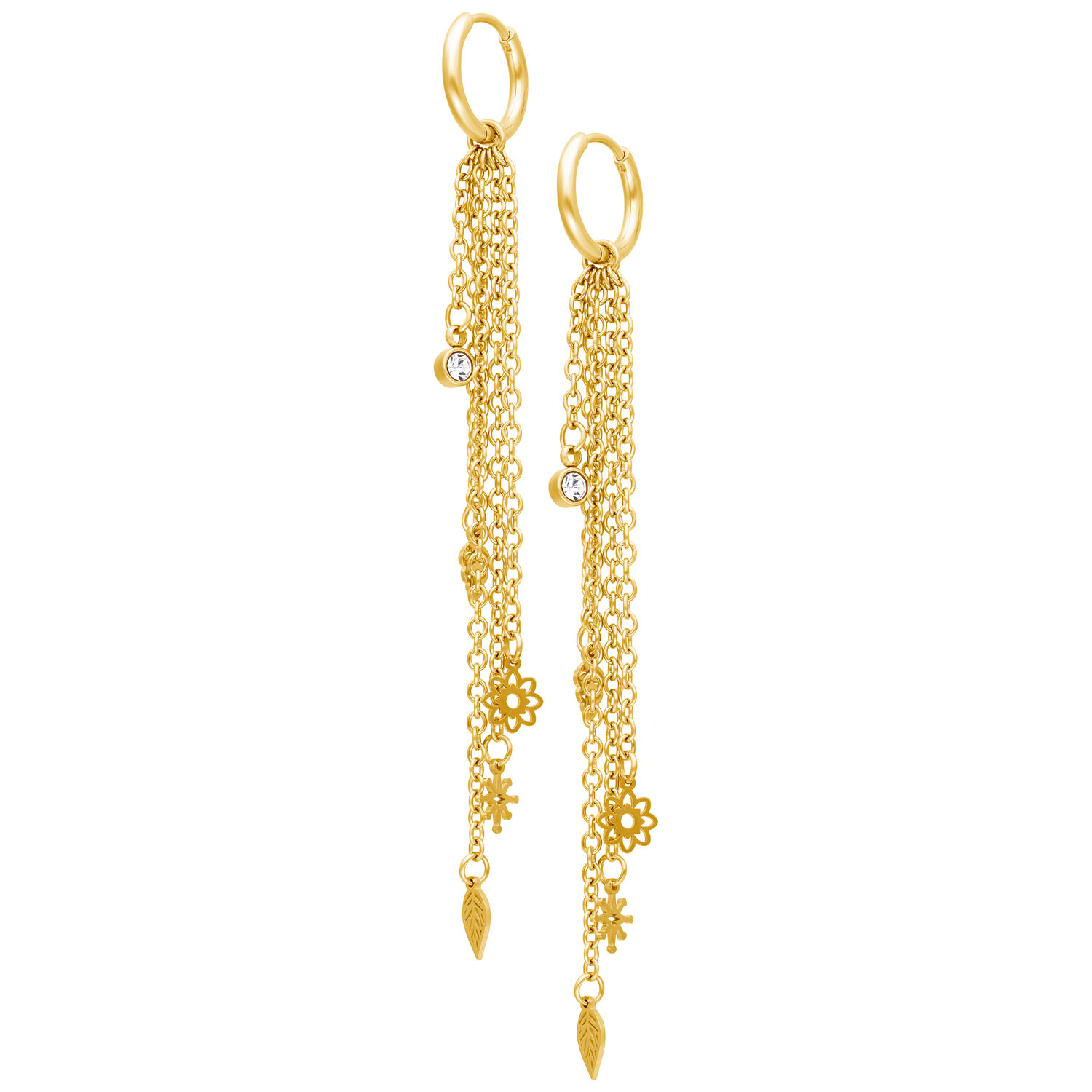 Pendientes largos dorados con colgantes de cadena y motivos florales sobre fondo blanco