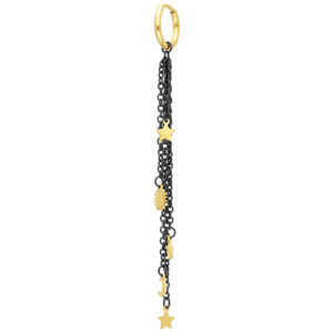 Pendiente dorado con cadenas negras y colgantes dorados sobre fondo blanco