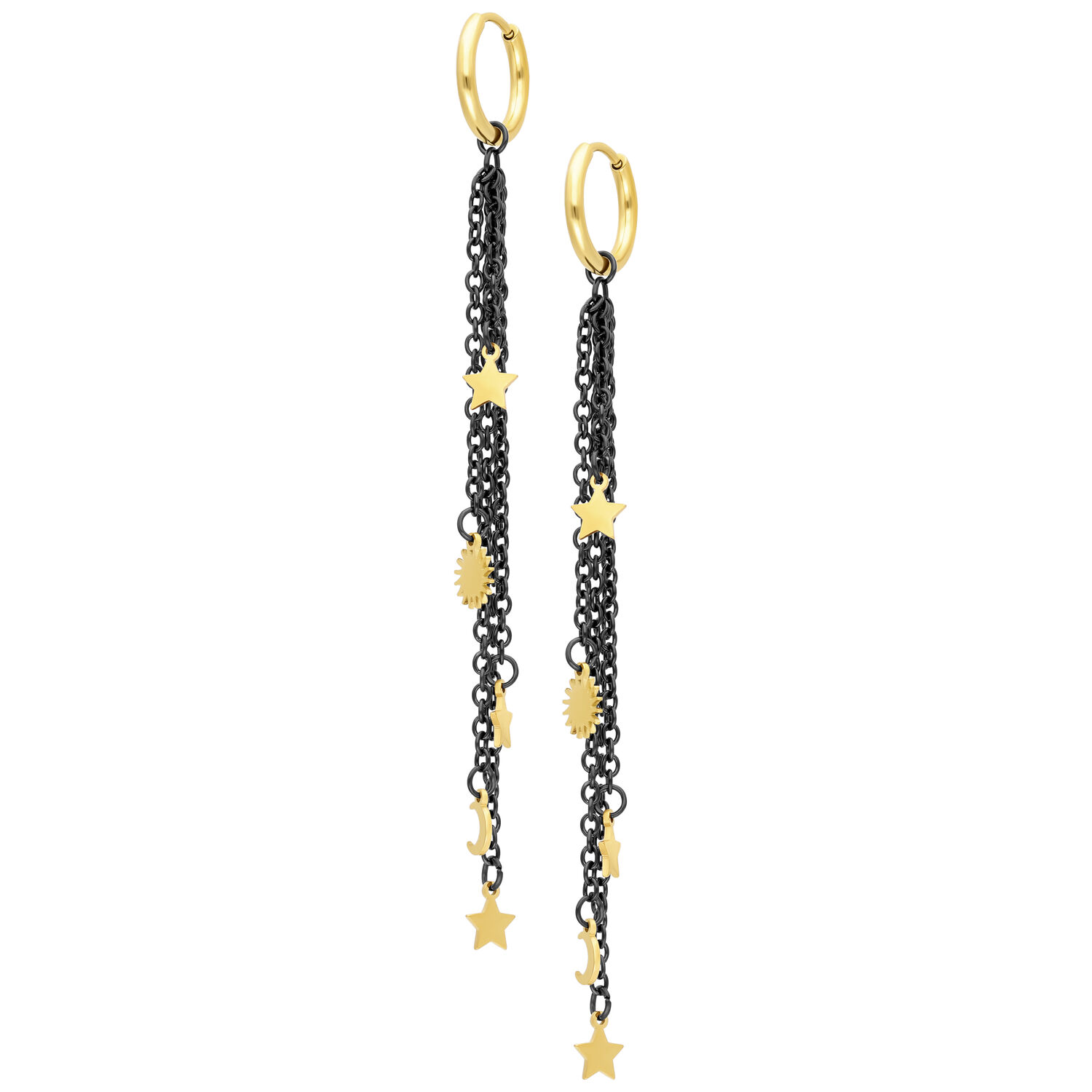 Pendientes largos con estrellas en oro y negro Dos pendientes largos con estrellas doradas y cadenas negras sobre fondo blanco
