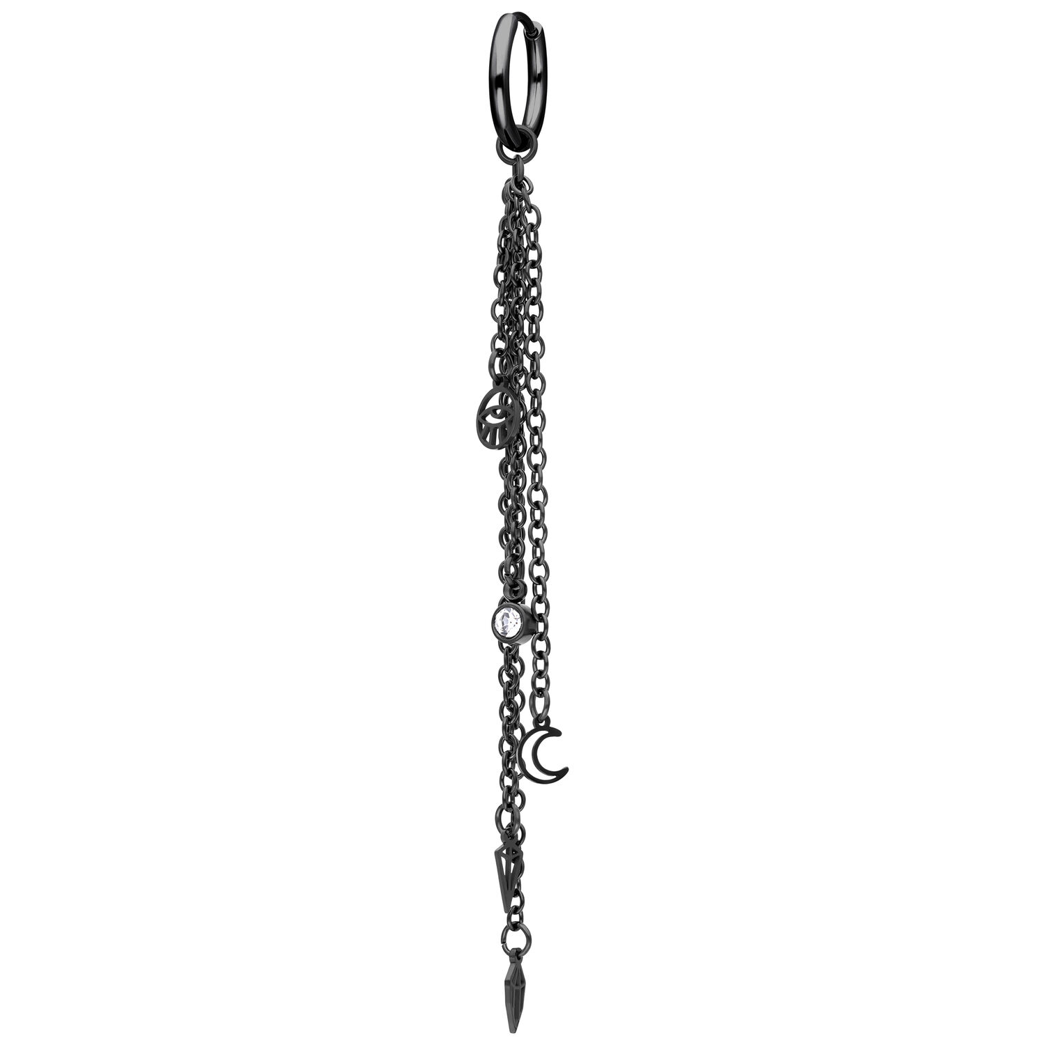 Pendientes colgantes de acero inoxidable negro con dijes Pendiente largo negro con cadenas, detalles de luna y encaje sobre fondo blanco.