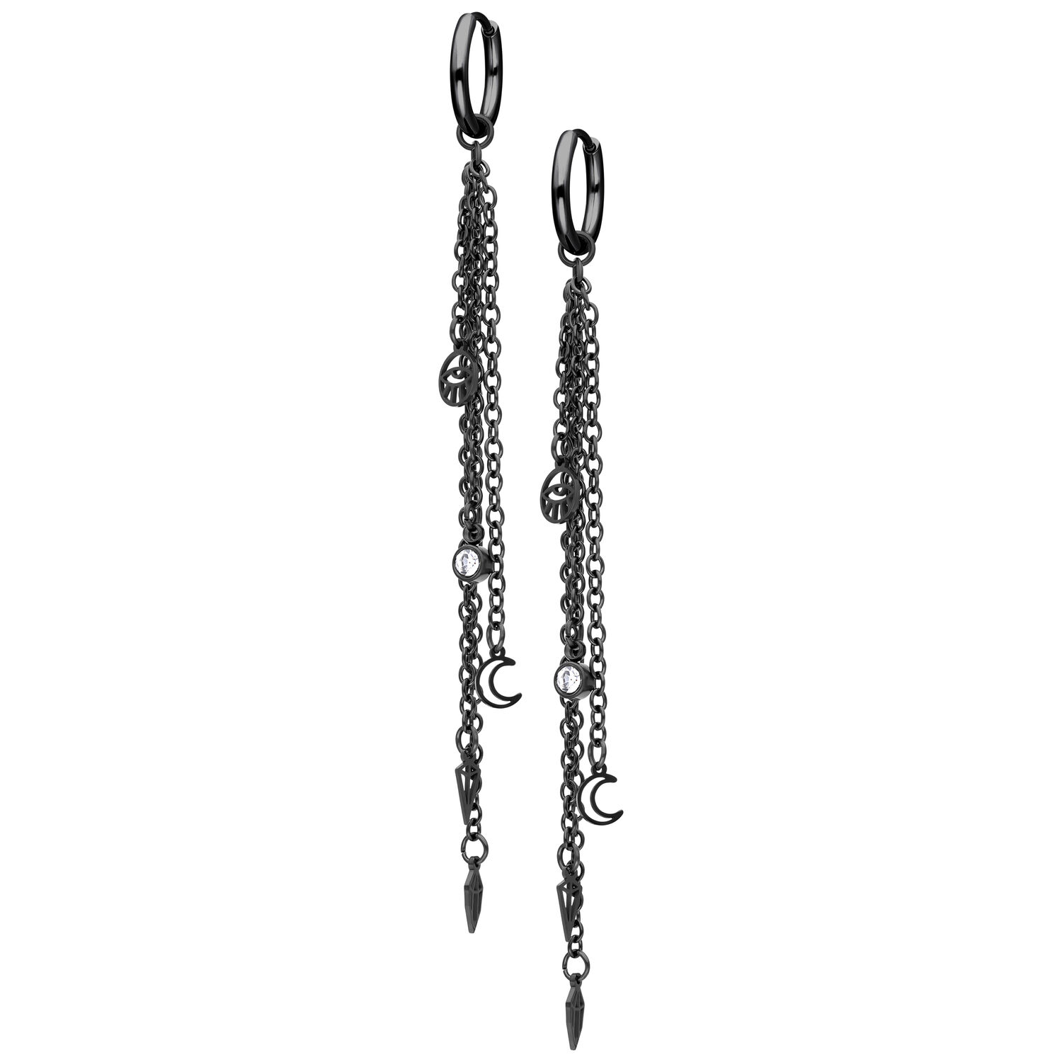 Pendientes de acero inoxidable negro con cadenas Pendientes largos de acero inoxidable negro con cadenas y pequeños colgantes sobre fondo blanco