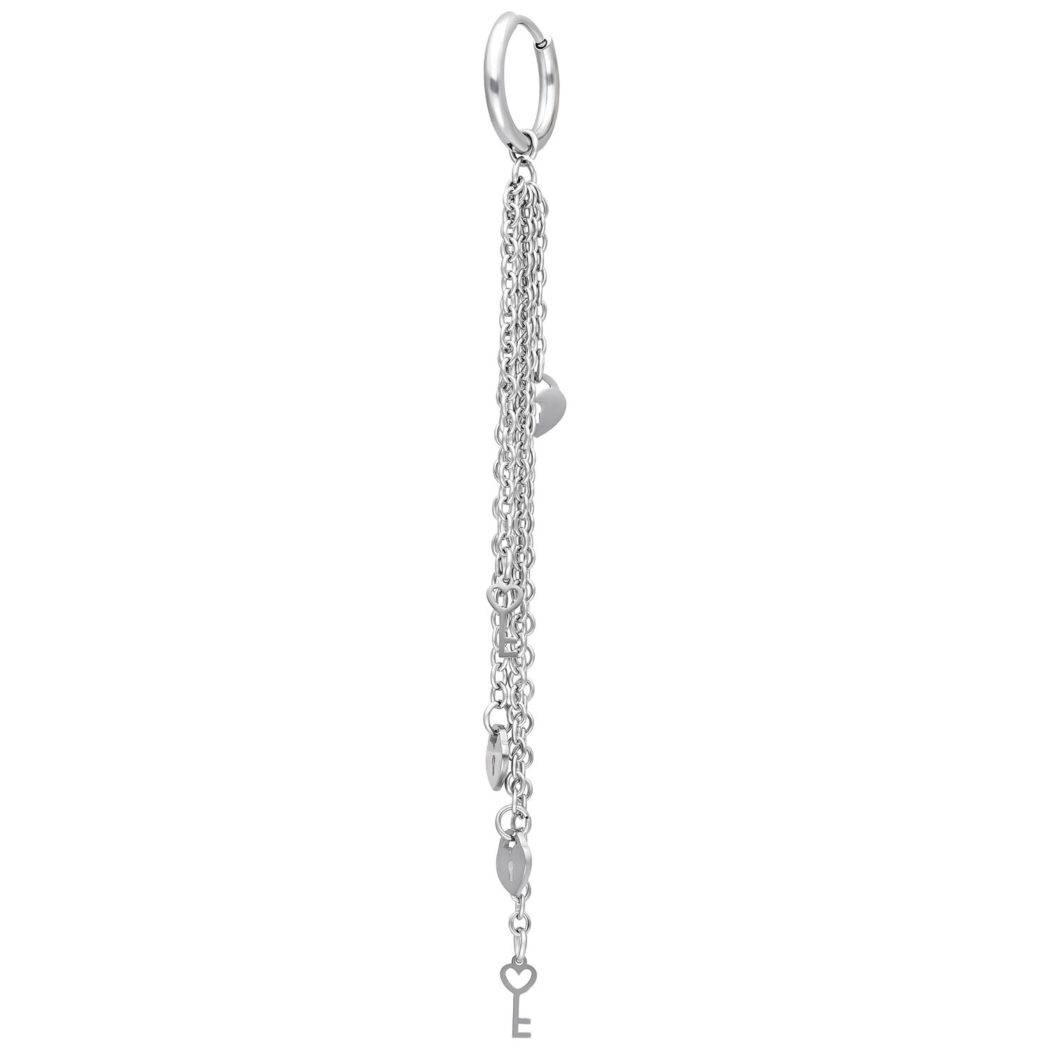 Pendientes de acero inoxidable plateados con colgante Pendientes plateados de acero inoxidable con largas cadenas colgantes y motivo de corazón sobre fondo blanco