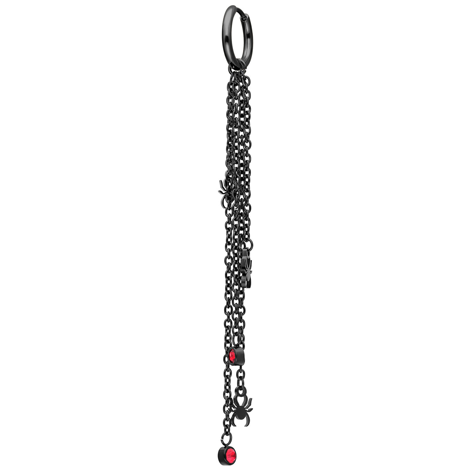 Pendientes de acero inoxidable negros con detalles de cadena Pendiente largo de acero inoxidable negro con detalles de cadena y acentos rojos sobre fondo blanco
