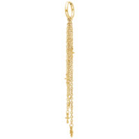 Largos pendientes dorados con colgante de cadena Largo pendiente dorado con varias cadenas y pequeños colgantes sobre fondo blanco