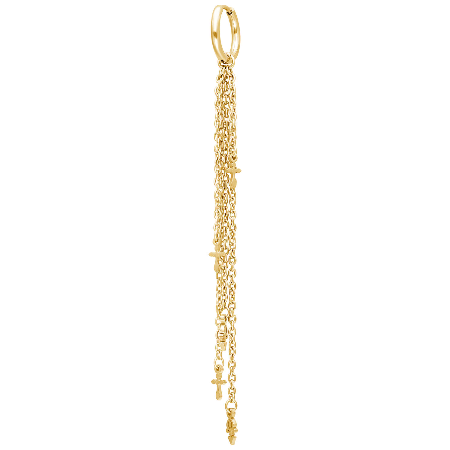 Largos pendientes dorados con colgante de cadena Largo pendiente dorado con varias cadenas y pequeños colgantes sobre fondo blanco