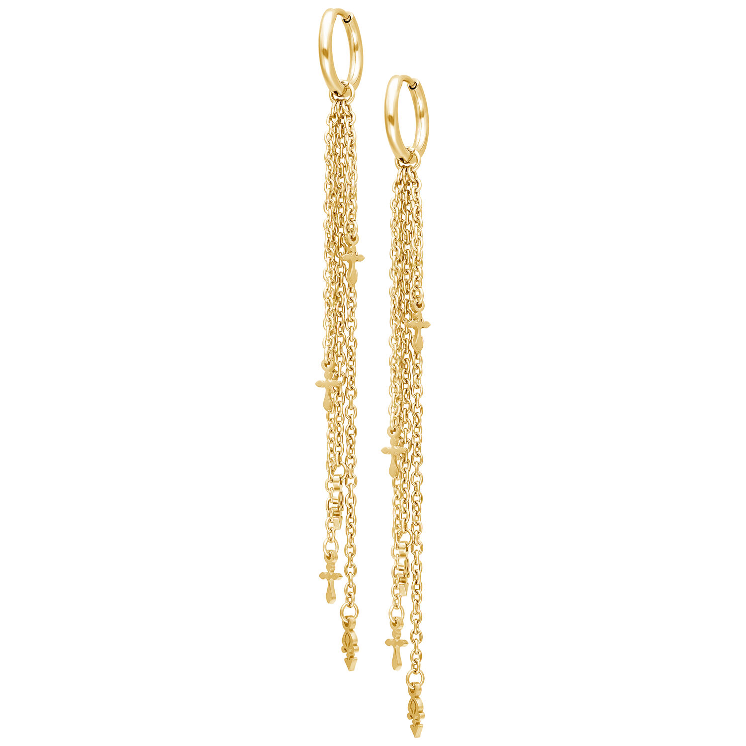 Pendientes colgantes dorados con diseño de cadena Pendientes colgantes largos dorados con cadenas delicadas sobre fondo blanco