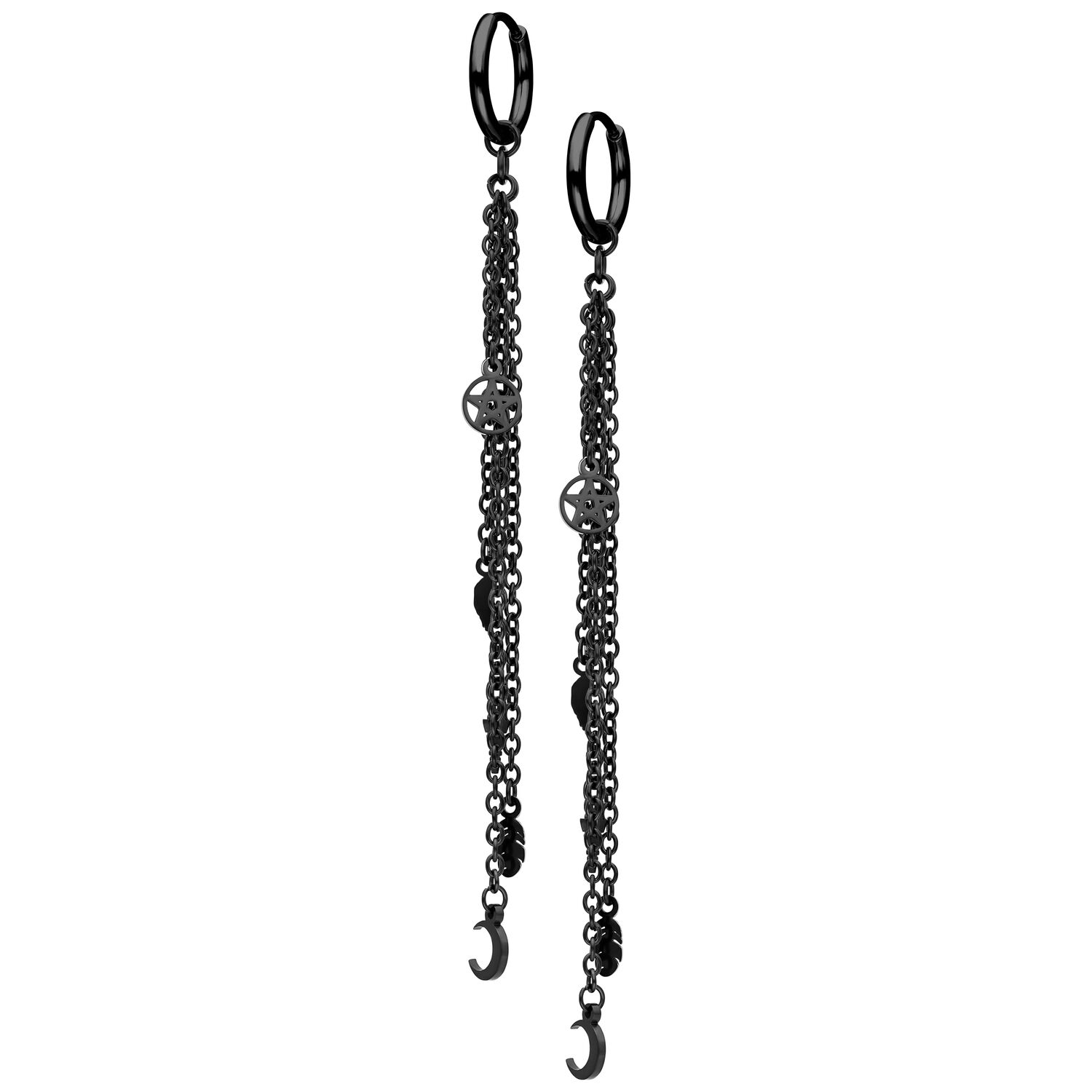 Aros de acero inoxidable negros con cadenas Pendientes largos negros con cadenas y pequeños colgantes sobre fondo blanco