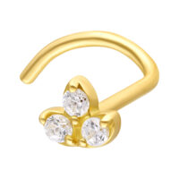 Piercing de nariz de oro de 18K con circonitas Piercing de oro con tres circonitas claras sobre fondo blanco