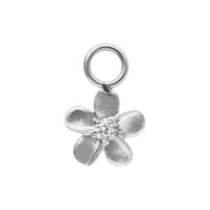 Colgante de flor plateado con cinco pétalos y una piedra brillante en el centro sobre fondo blanco