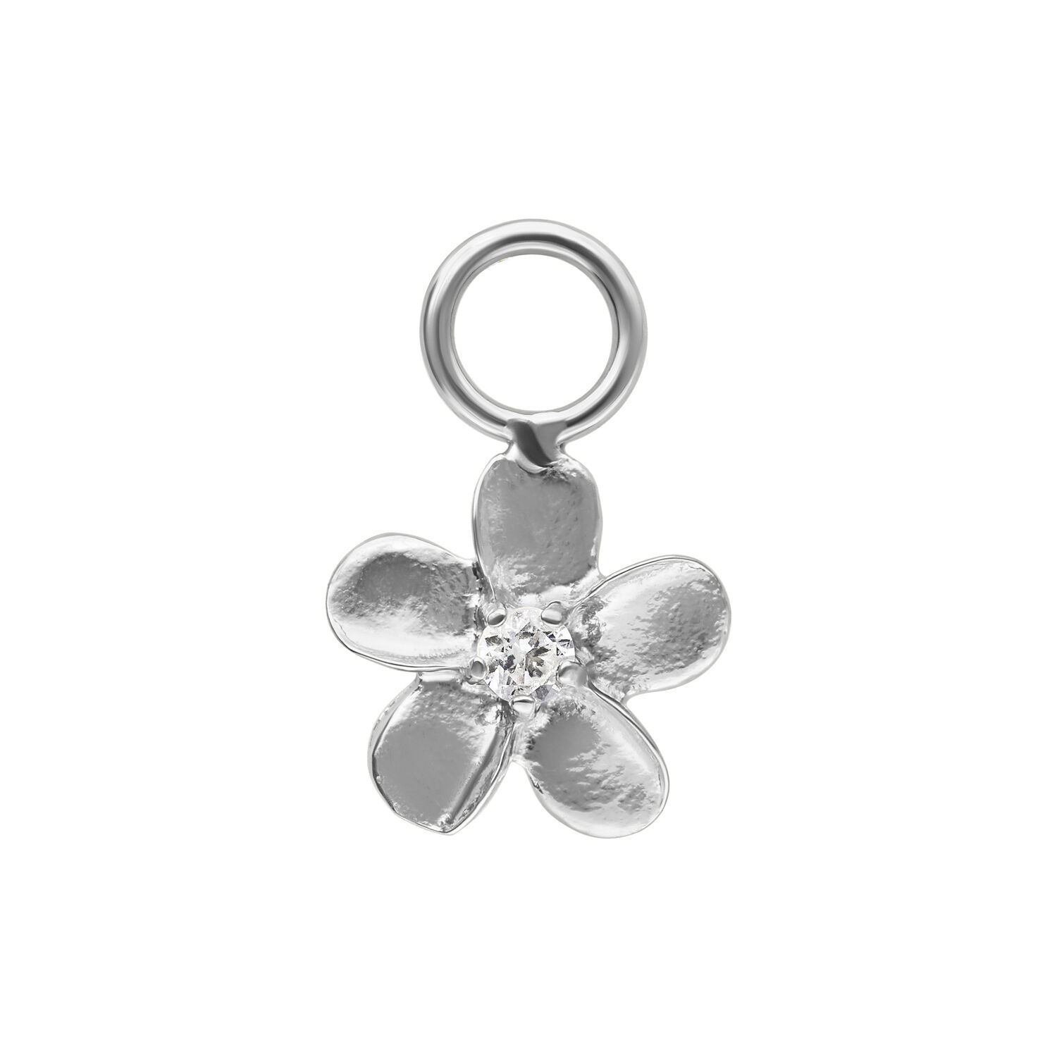 Colgante de flor plateado de acero quirúrgico Colgante de flor plateado con cinco pétalos y una piedra brillante en el centro sobre fondo blanco